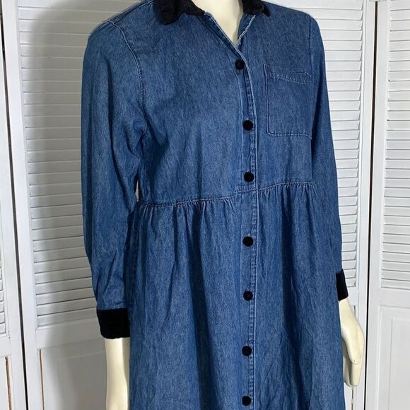 Vintage Coldwater Creek Denim Velvet Button Down Dress Medium - Picture 3 of 16